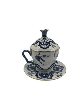 Bombay Company VTG Lidded Teacup and Saucer Set Collectible Blue/White Floral #4